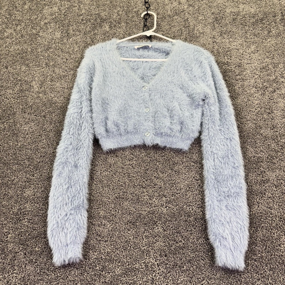 Double Zero Sweater Cardigan Juniors Large Blue Fuzzy V Neck Button Cropped Knit